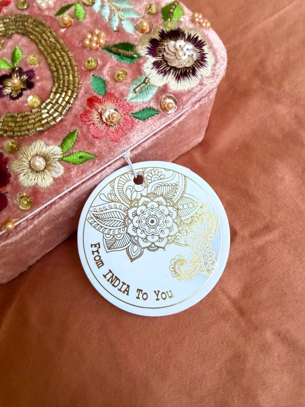Pink Floral Embellished Jewelry Box with Gold 'C' Accent
